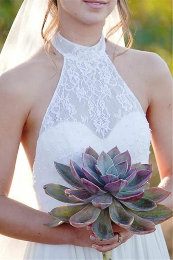 Backless Halter Lace A-Line High Neck Chiffon Wedding Dress WD155 - Pgmdress