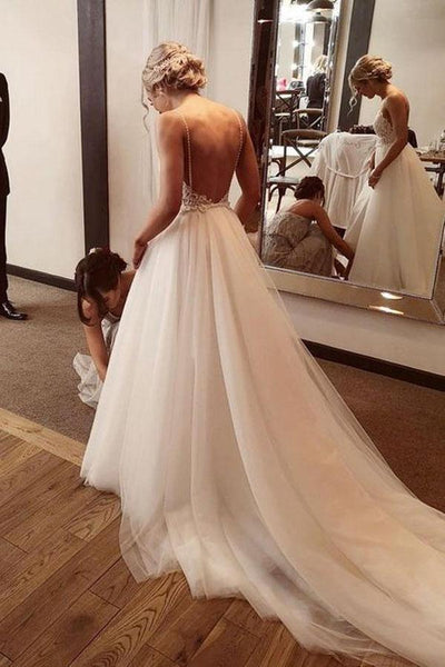 Backless Lace/Tulle Beach Wedding Dress Fashion Bridal Gown WD432 US0 / Ivory