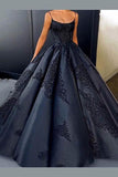 Ball Gown Black Straps Long Prom Dress Evening Dress With Lace Applique  PG735