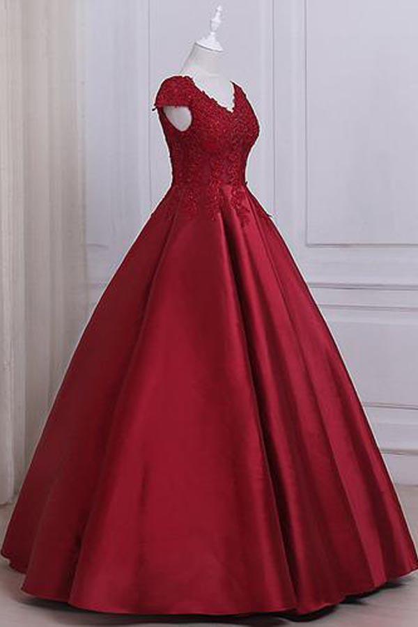 Ball Gown Cap Sleeves Red Lace A line Long Evening Prom Dresses PG584 - Pgmdress