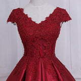Ball Gown Cap Sleeves Red Lace A line Long Evening Prom Dresses PG584 - Pgmdress