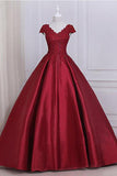 Ball Gown Cap Sleeves Red Lace A line Long Evening Prom Dresses PG584