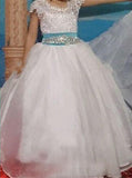 Ball Gown Crew Cap Sleeveless Open Back Flower Girl Dress with Belt Lace FL07 - Pgmdress