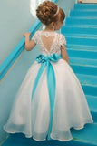 Ball Gown Crew Cap Sleeveless Open Back Flower Girl Dress with Belt Lace FL07 - Pgmdress