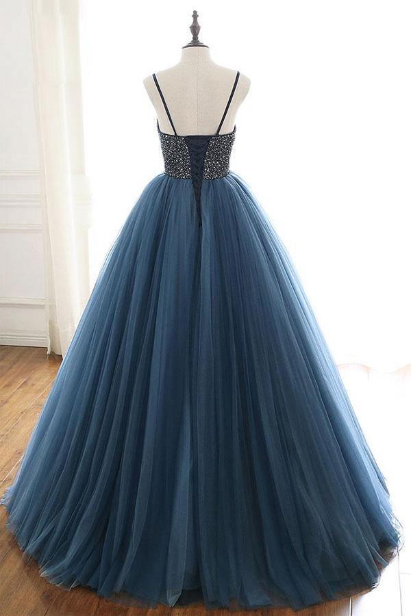 Ball Gown Deep Blue Tulle Prom Dress Evening Dress With Beading PSK143 - Pgmdress