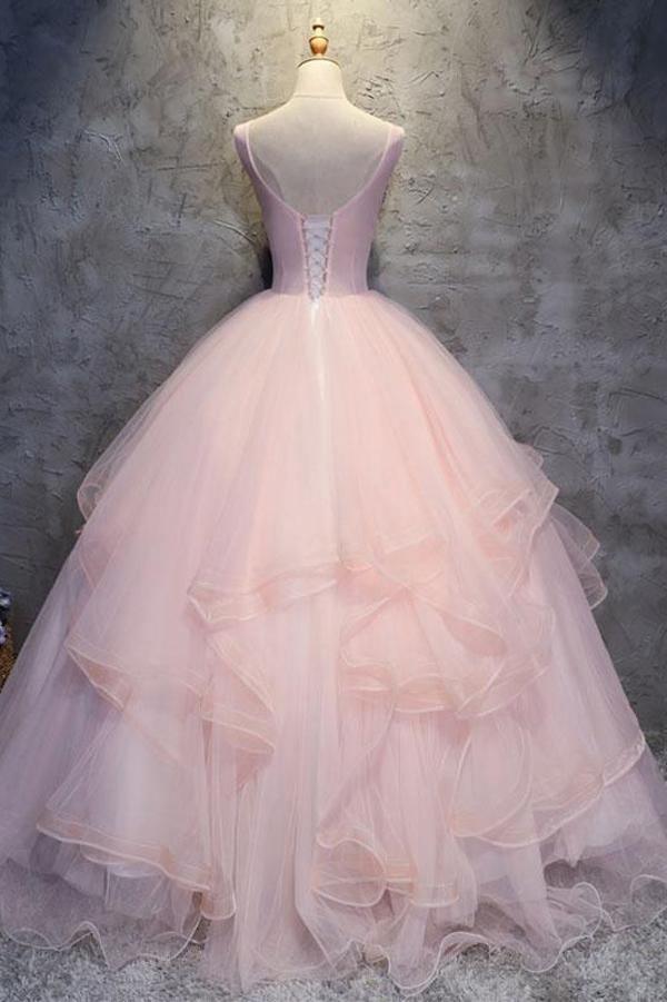 Ball Gown Floor Length Sleeveless Layers Tulle Ruffles Floral Prom Dress PG946 - Pgmdress