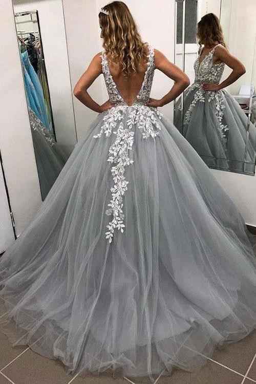 Ball Gown Grey V Neck Long Prom Dresses Tulle Evening Dresses PG847 - Pgmdress