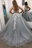 Ball Gown Grey V Neck Long Prom Dresses Tulle Evening Dresses PG847 - Pgmdress