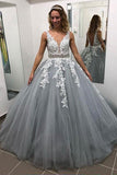 Ball Gown Grey V Neck Long Prom Dresses Tulle Evening Dresses PG847