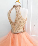 Ball Gown High Neck Orange Long Tulle Prom Dress with Beading PG521 - Pgmdress