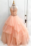 Ball Gown High Neck Orange Long Tulle Prom Dress with Beading PG521