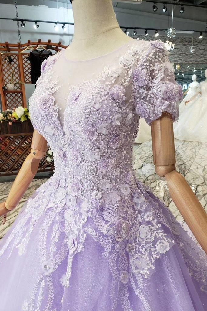 Ball Gown Lilac Short Sleeves Prom Dresses Wedding Dresses with Lace PM244 - Pgmdress