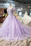 Ball Gown Lilac Short Sleeves Prom Dresses Wedding Dresses with Lace PM244 - Pgmdress