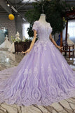 Ball Gown Lilac Short Sleeves Prom Dresses Wedding Dresses with Lace PM244 - Pgmdress