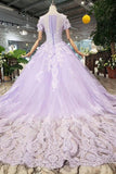 Ball Gown Lilac Short Sleeves Prom Dresses Wedding Dresses with Lace PM244 - Pgmdress