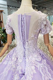 Ball Gown Lilac Short Sleeves Prom Dresses Wedding Dresses with Lace PM244 - Pgmdress