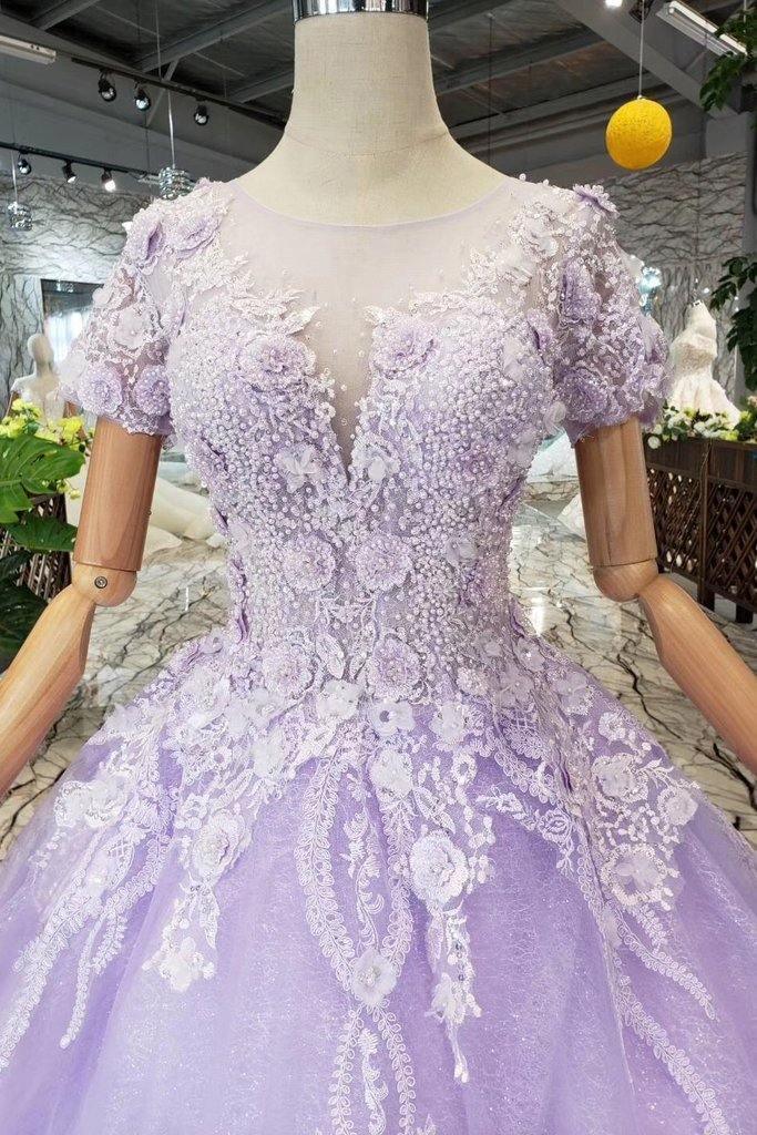 Rachel Lilac A line Sweetheart Chiffon Prom Dress with Puff Sleeves |  KissProm