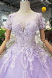 Ball Gown Lilac Short Sleeves Prom Dresses Wedding Dresses with Lace PM244 - Pgmdress