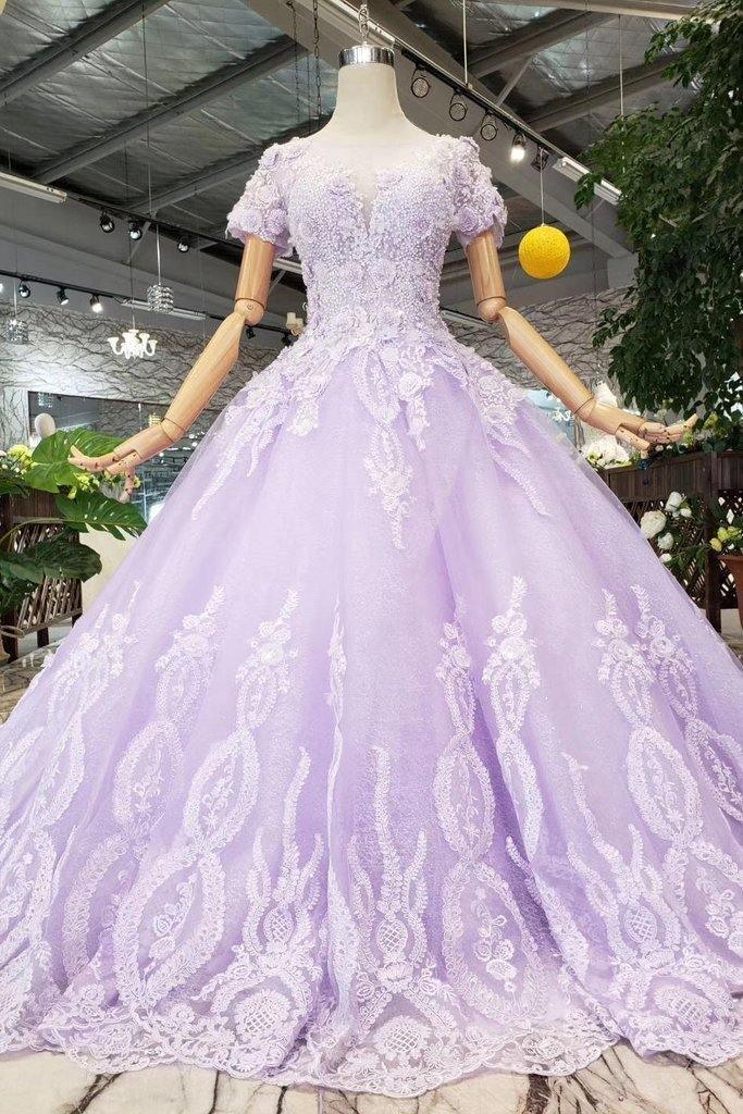 Ball Gown Lilac Short Sleeves Prom Dresses Wedding Dresses with Lace PM244 - Pgmdress