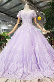 Ball Gown Lilac Short Sleeves Prom Dresses Wedding Dresses with Lace  PM244