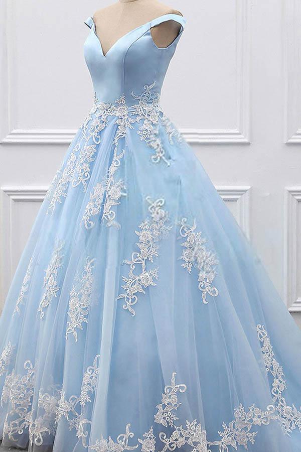 Ball Gown Off-the-Shoulder Court Train Blue Tulle Prom Dress PG483 - Pgmdress