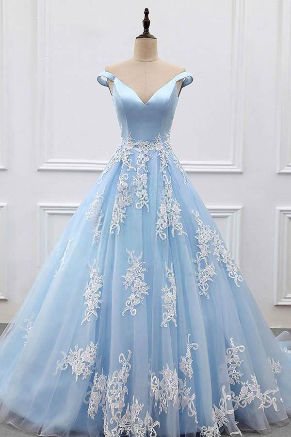 Ball Gown Off-the-Shoulder Court Train Blue Tulle Prom Dress PG483 - Pgmdress