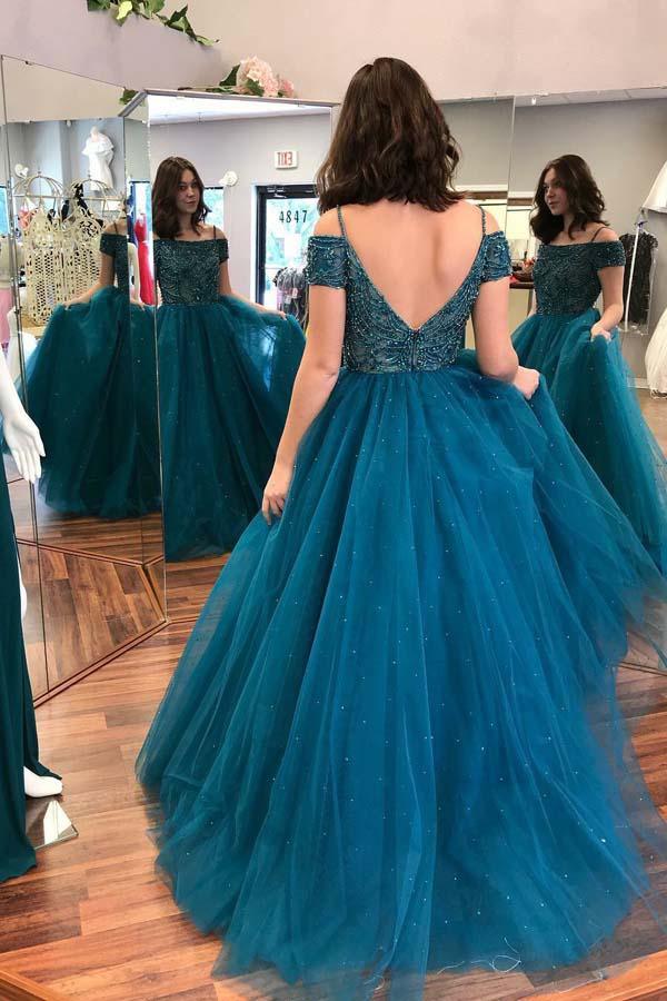Ball Gown Off-the-Shoulder Dark Blue Tulle Prom Dress with Beading PG501 - Pgmdress