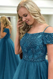 Ball Gown Off-the-Shoulder Dark Blue Tulle Prom Dress with Beading PG501 - Pgmdress