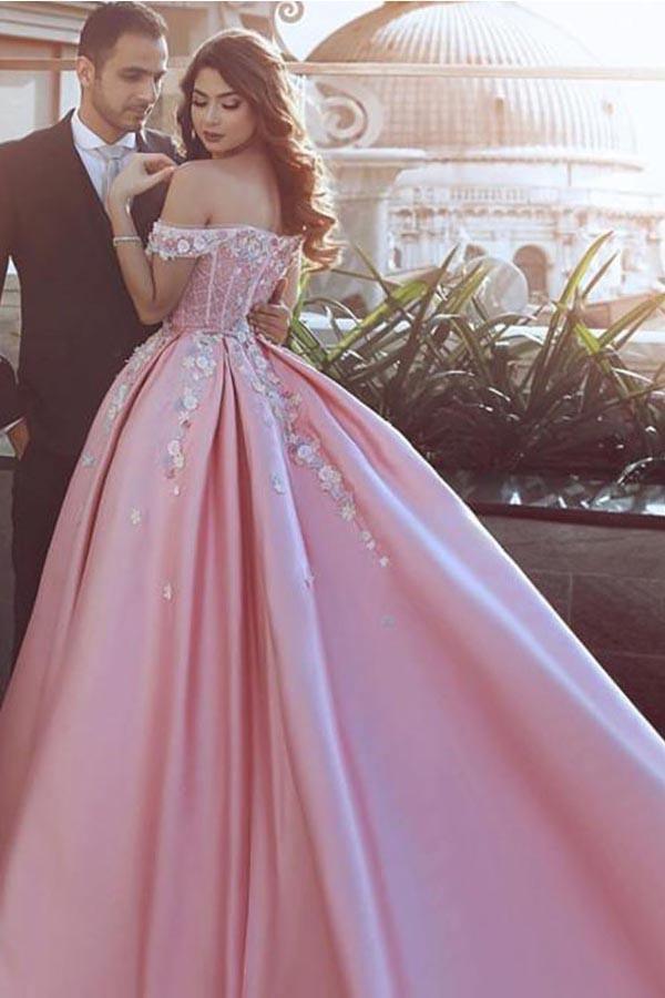 Ball Gown Off-the-Shoulder Pink Satin Prom Dress with Appliques PG870 - Pgmdress