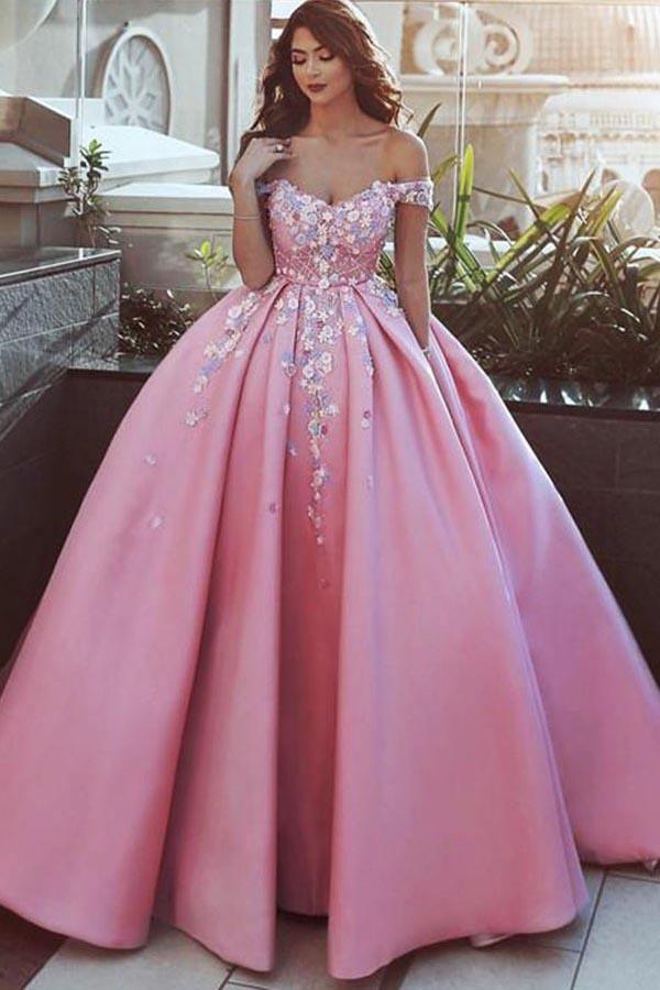 Ball Gown Off-the-Shoulder Pink Satin Prom Dress with Appliques PG870 - Pgmdress