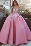 Ball Gown Off-the-Shoulder Pink Satin Prom Dress with Appliques PG870
