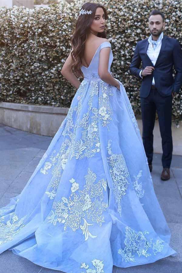 Ball Gown Off-the-Shoulder Sweep Train Blue Tulle Prom Dress PG464 - Pgmdress