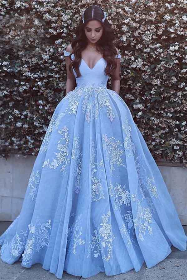 Ball Gown Off-the-Shoulder Sweep Train Blue Tulle Prom Dress PG464 - Pgmdress