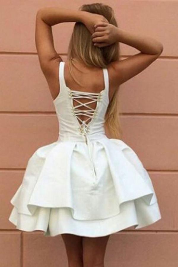 Ball Gown Straps Short Lace-up White Satin Homecoming Dress PG126 - Pgmdress