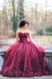 Ball Gown Sweetheart Burgundy Tulle Wedding Dress with Handmade Flowers WD238 - Pgmdress