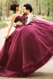 Ball Gown Sweetheart Burgundy Tulle Wedding Dress with Handmade Flowers WD238 - Pgmdress