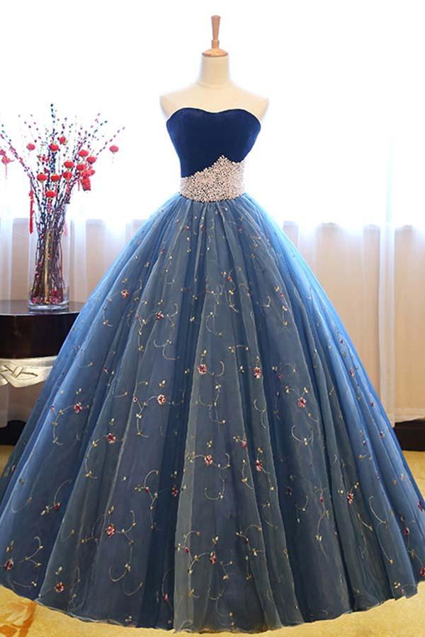Ball Gown Sweetheart Navy Blue Lace Prom Dress with Beading PG497 - Pgmdress