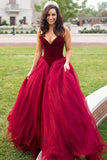 Ball Gown Sweetheart Sweep Train Dark Red Tulle Prom Dress PG476 - Pgmdress