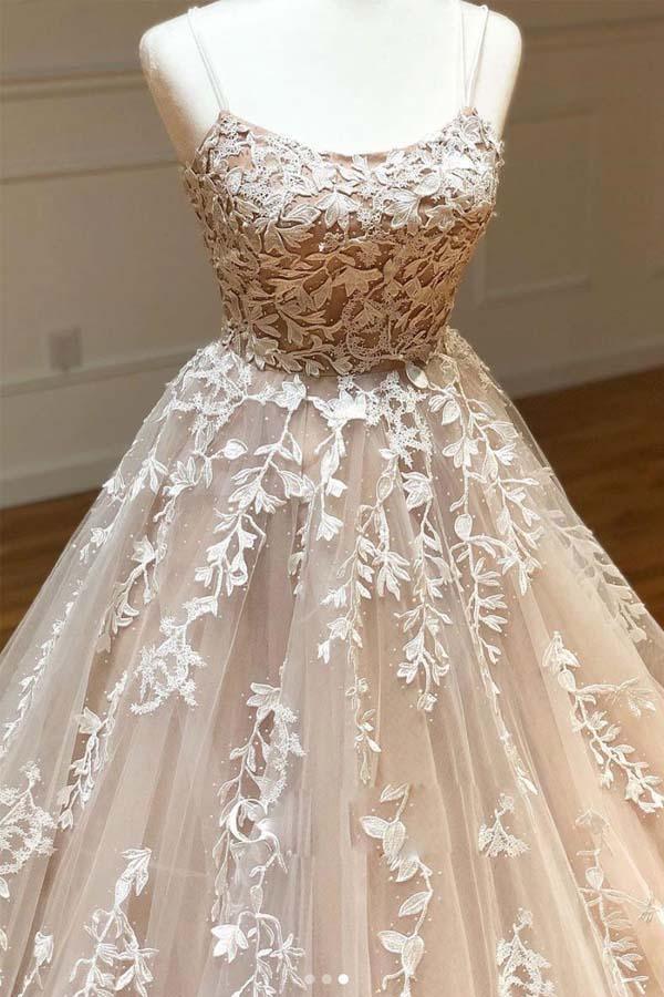 Ball Gown Tulle Scoop Appliqued Lace Long Prom Dress Evening Dress PSK011 - Pgmdress