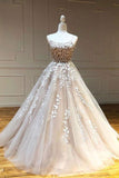 Ball Gown Tulle Scoop Appliqued Lace Long Prom Dress Evening Dress  PSK011
