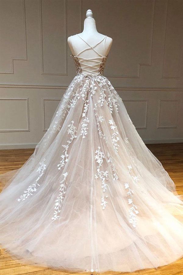 Ball Gown Tulle Scoop Appliqued Lace Long Prom Dress Evening Dress PSK011 - Pgmdress