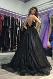 Ball Gown V Neck Open Back Split Sequin Black Long Prom Dresses PG819 - Pgmdress
