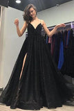 Ball Gown V Neck Open Back Split Sequin Black Long Prom Dresses PG819