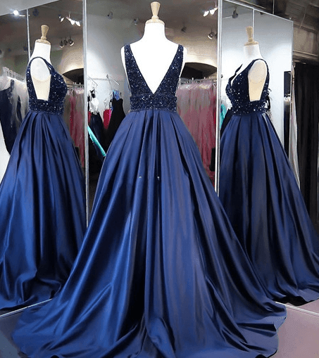 Ball Gown V Neck Satin Long Prom Evening Dresses With Beading PG525 - Pgmdress