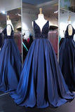 Ball Gown V Neck Satin Long Prom Evening Dresses With Beading PG525 - Pgmdress