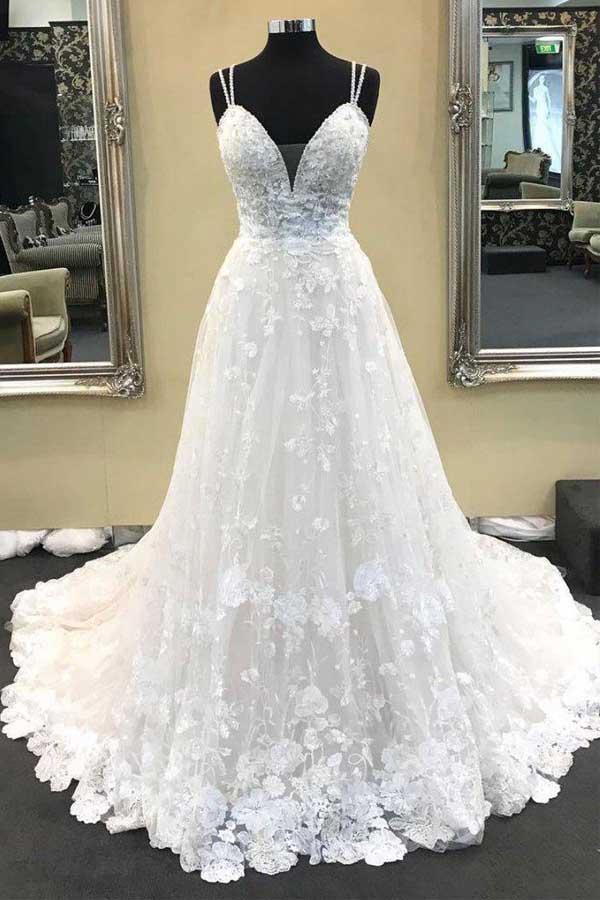 Ball Gown V Neck Spaghetti Straps Ivory Lace Long Wedding Dresses WD331 - Pgmdress