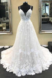 Ball Gown V Neck Spaghetti Straps Ivory Lace Long Wedding Dresses  WD331