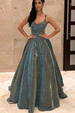 Ball Gown V Neck Sparkly Satin Cross Back Long Prom Dresses with Pockets  PSK177