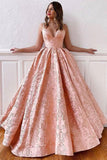 Ball Gown V Neck Straps Cross Back Blush Pink Long Prom Dresses PSK178