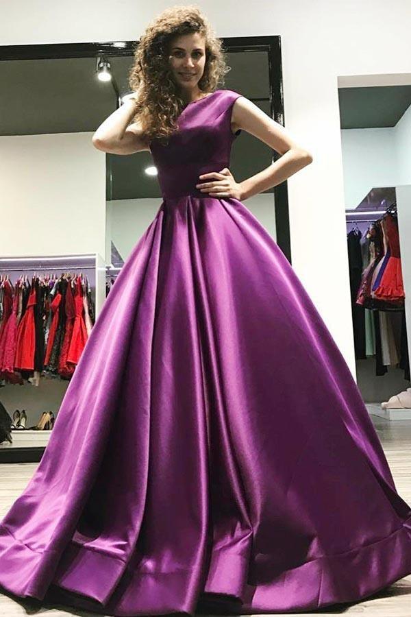 Ball Gown V-Neck Sweep Train Satin Sleeveless Backless Prom Dress PG482 - Pgmdress